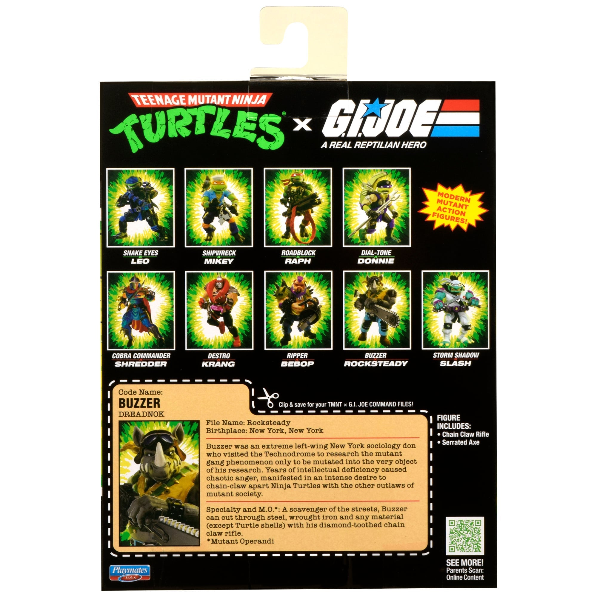 Rocksteady as Buzzer TMNT x GI Joe Figure — Box Back with Full Wave Character Guide and File Card