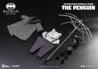 Penguin DAH-135P Batman Returns DX 8-Inch Figure — Full Accessories Flat Lay Showing Coat Vest Trousers Umbrella Skeleton Mini Penguin and Hands