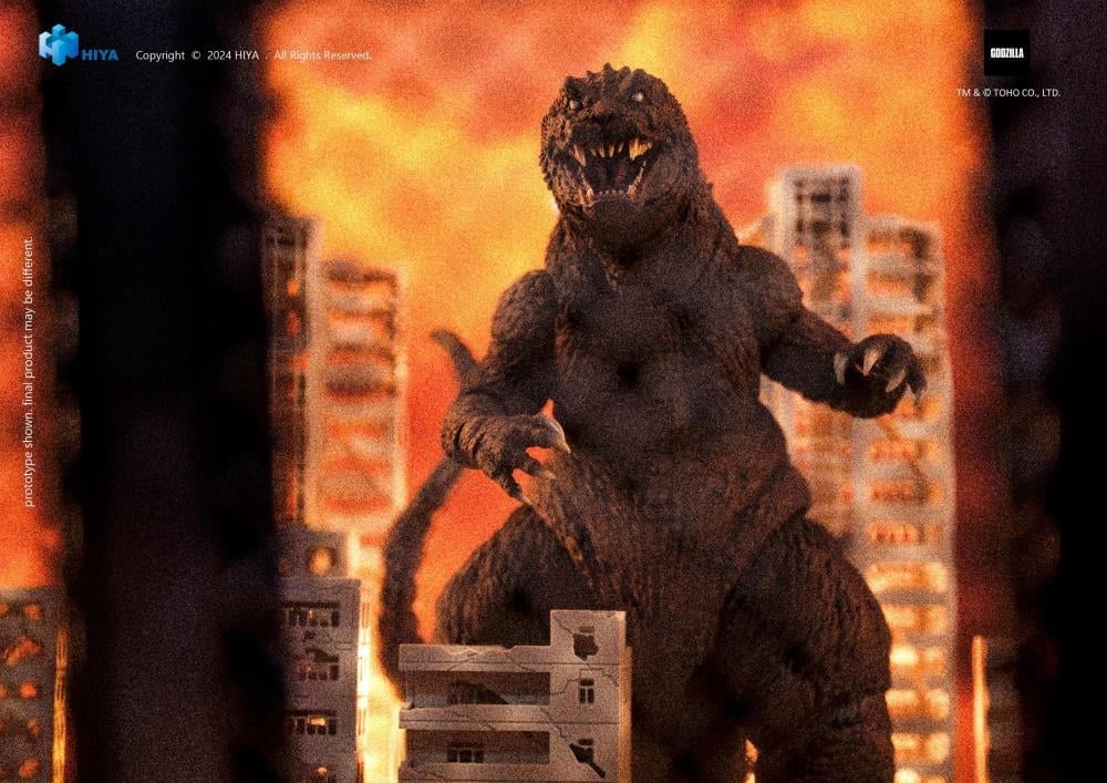 GMK Godzilla Exquisite Basic 7-Inch Figure — Figure Detail Close-Up Of Open Jaw And Textured Hide Against Burning City