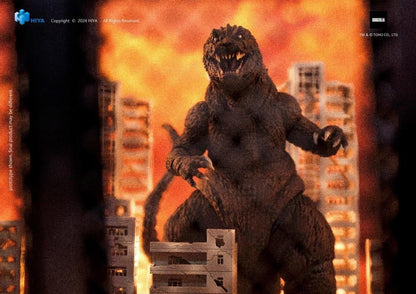 GMK Godzilla Exquisite Basic 7-Inch Figure — Figure Detail Close-Up Of Open Jaw And Textured Hide Against Burning City