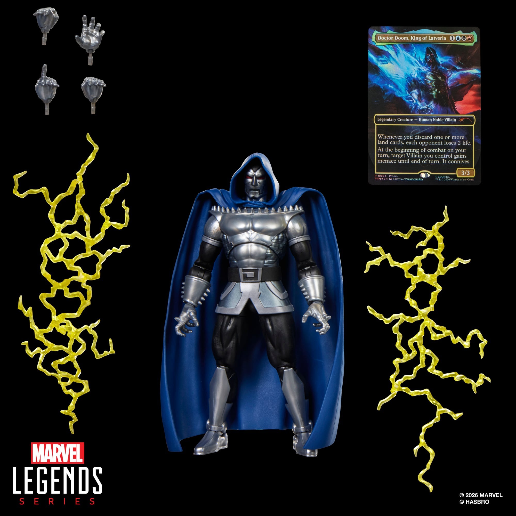 Doctor Doom 2099 Marvel Legends 6-Inch Figure — Accessories Included Flat Lay with MTG Card and Lightning Effects