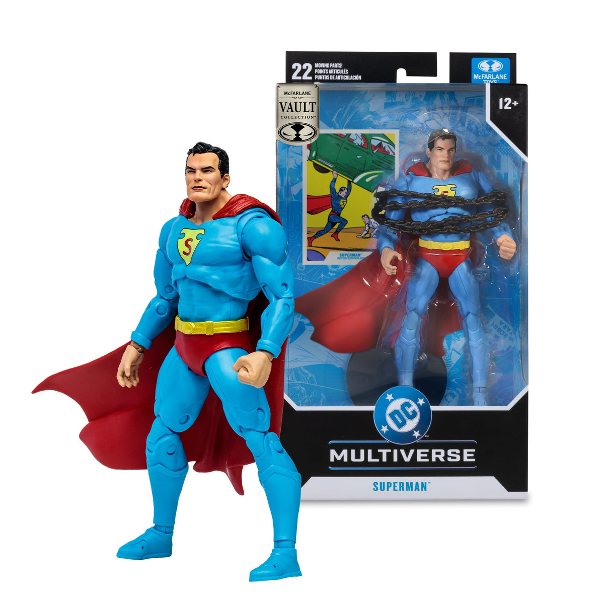 Superman Action Comics DC Multiverse 7-Inch Figure — Figure Beside Retail Box Package Front
