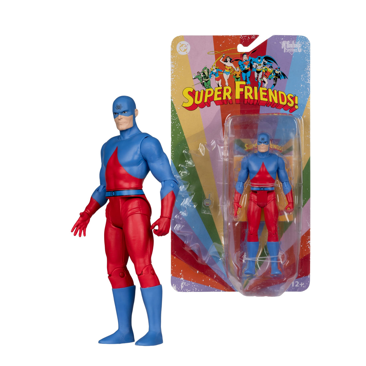 The Atom DC Retro Super Friends 6-Inch Figure — Figure Beside Blister Card Package
