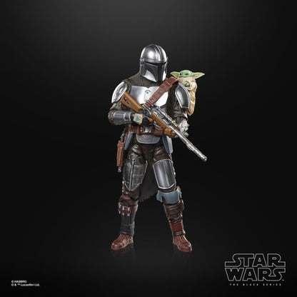 Mandalorian with Grogu Black Series 6-Inch Deluxe — Out of Box Figure Display on Black Background
