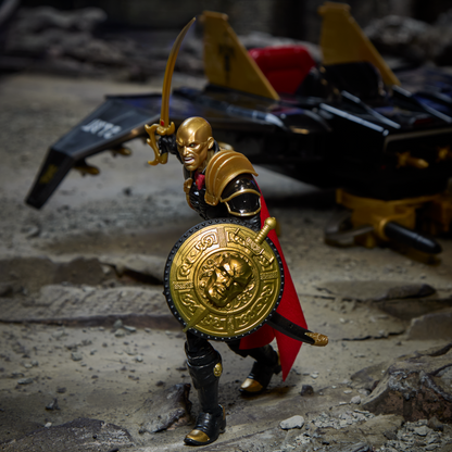 Iron Grenadier G.I. Joe Classified Series 6-Inch — Side View with Gold Shield and Sword with Despoiler in Background