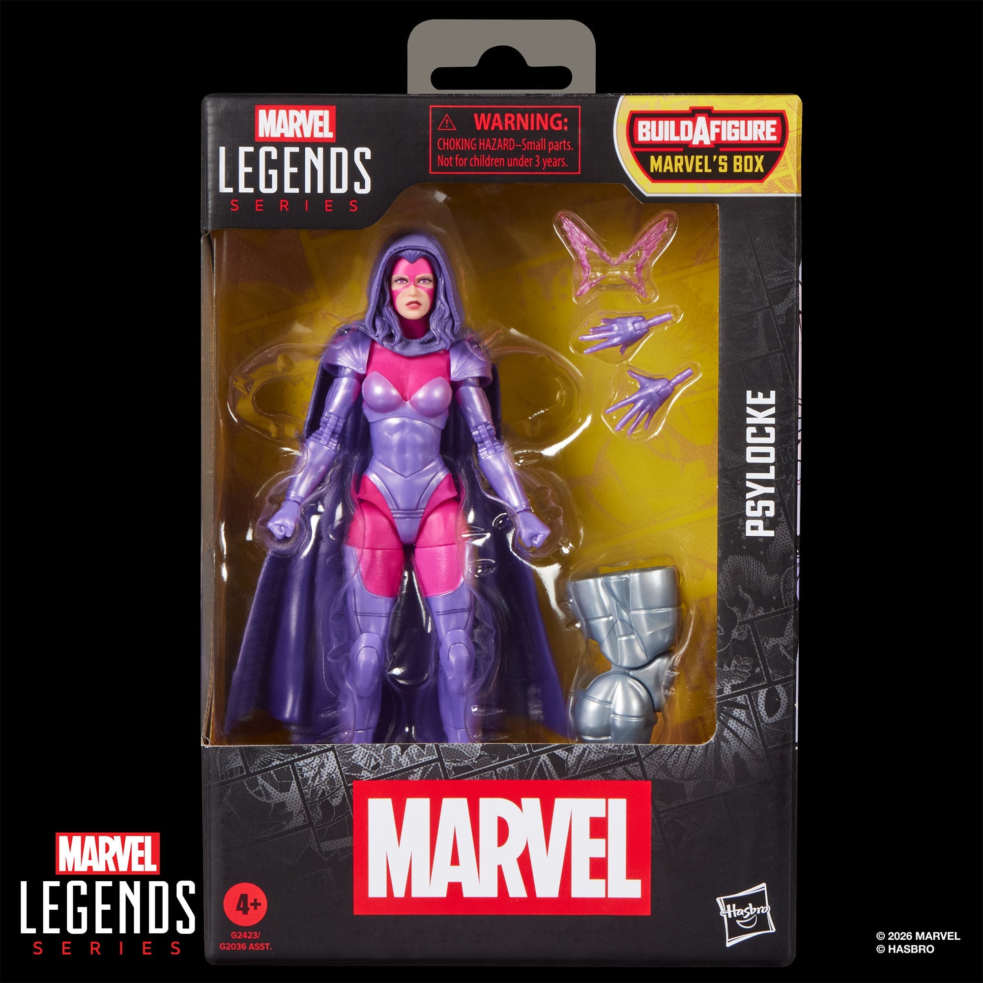 Psylocke Marvel Legends 6-Inch Figure — Package Front with Build-A-Figure Callout