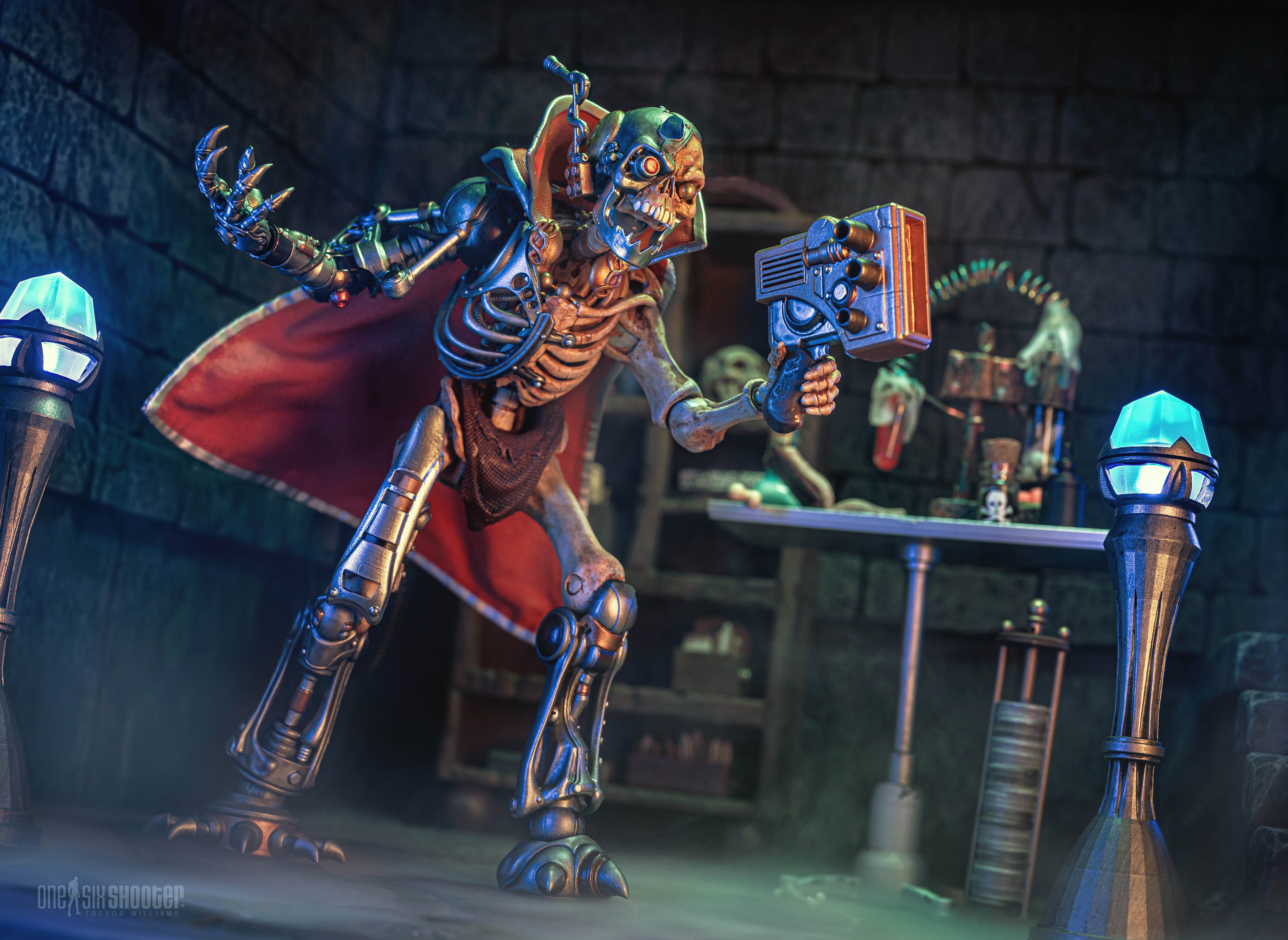 Dr. Cyborn Skeleton Warriors Infinite Legions 6-Inch Figure — Low-Angle Action Pose in Laboratory Diorama Setting