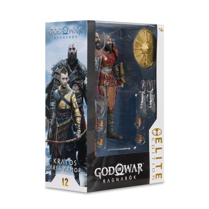 Kratos Ares Armor God of War Ragnarok McFarlane Elite Edition 7-Inch Figure — Box Side View with Kratos and Atreus Art