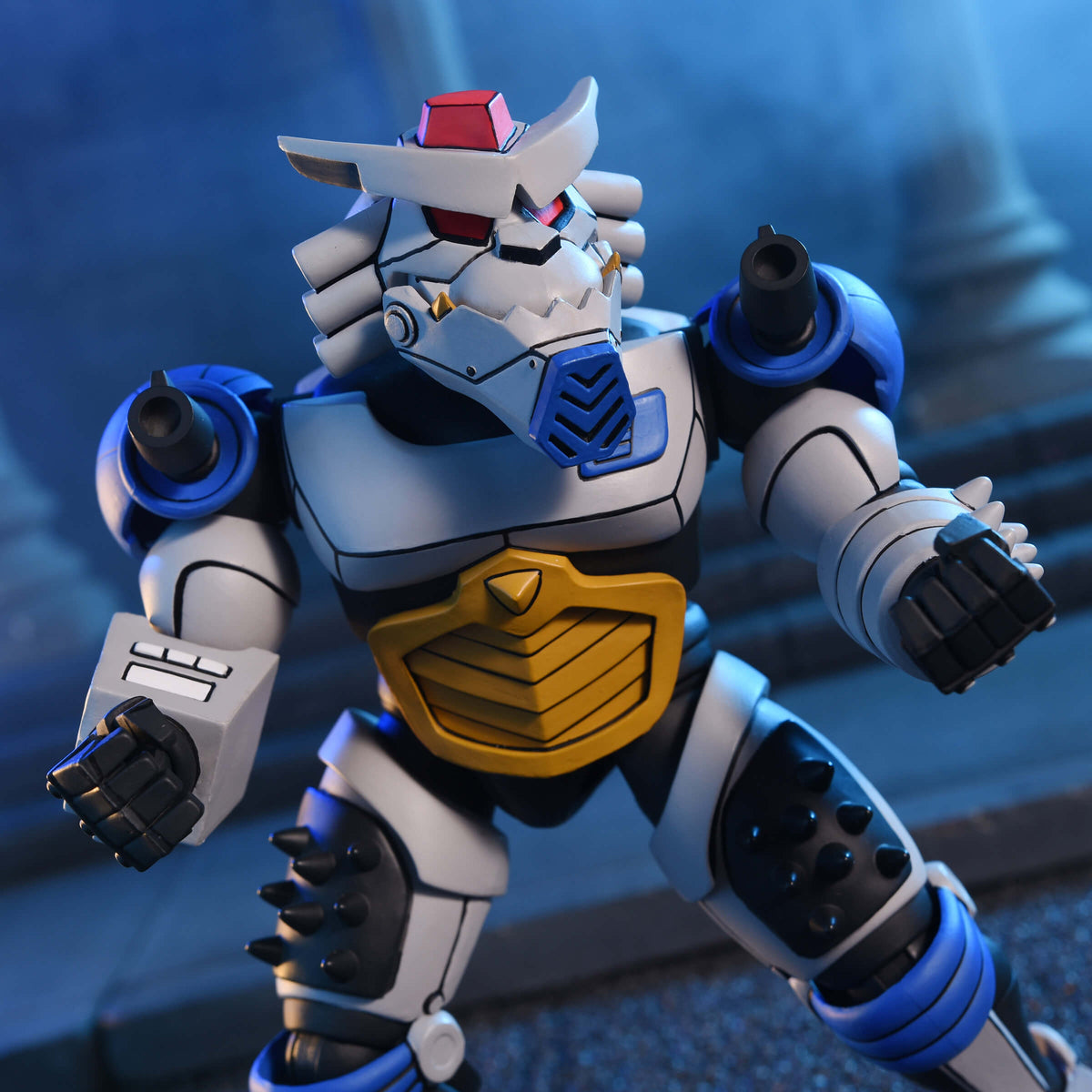 Robo Rahzar TMNT 1987 7-Inch Figure — Figure Detail Chest Panel and Gold Shield Close-Up