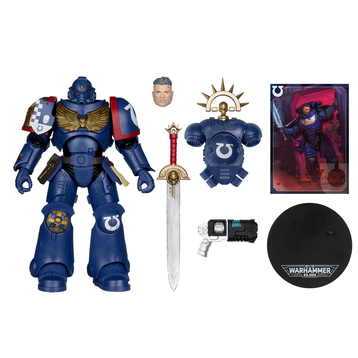 Ultramarines 3rd Company Lieutenant Warhammer 40K 7-Inch Figure — Accessories Included Display with Jump Pack, Power Sword, Plasma Pistol, Alternate Head, Art Card and Base