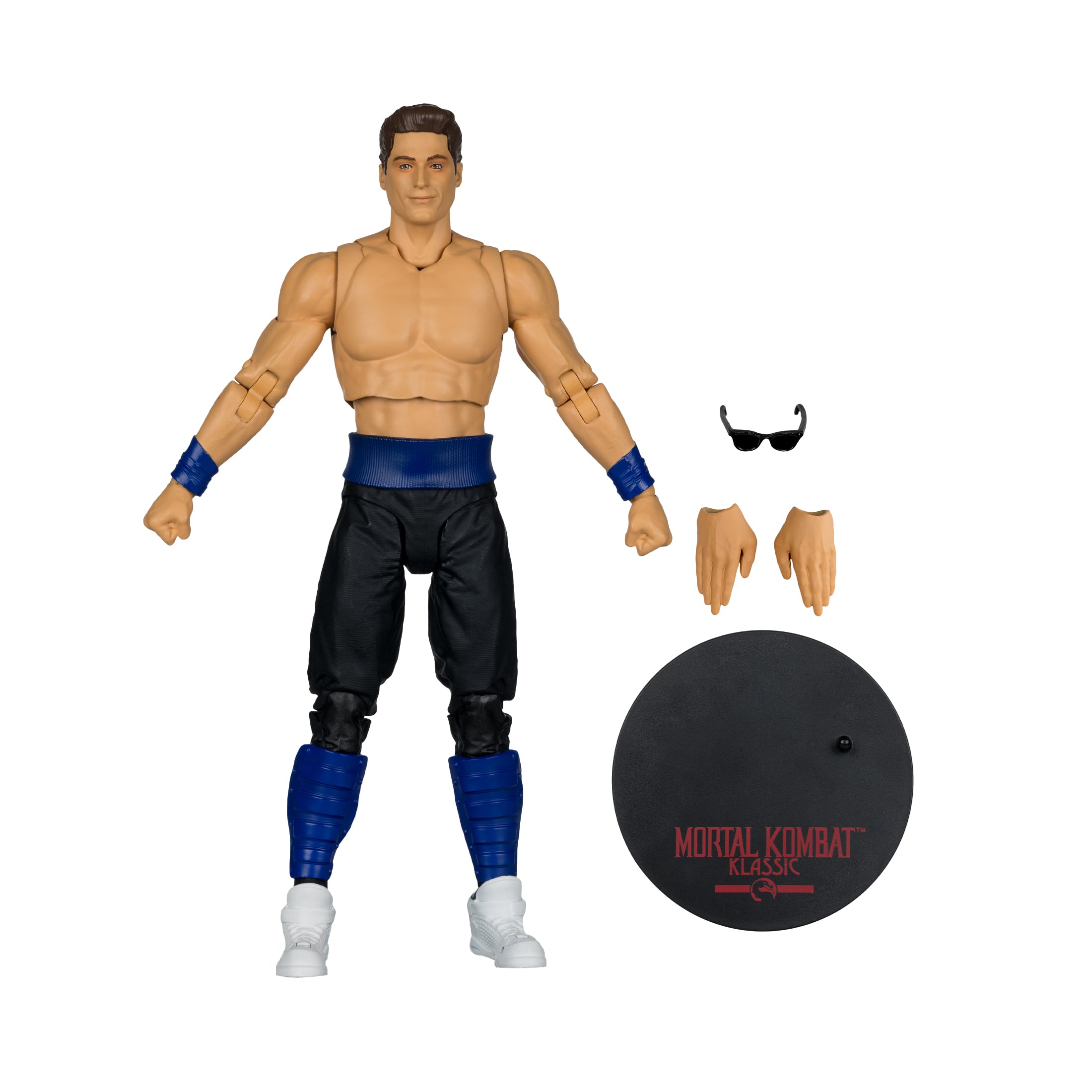 Johnny Cage Mortal Kombat Klassic 7-Inch Figure — Accessories Included Display Showing Sunglasses Pair of Hands and Figure Base