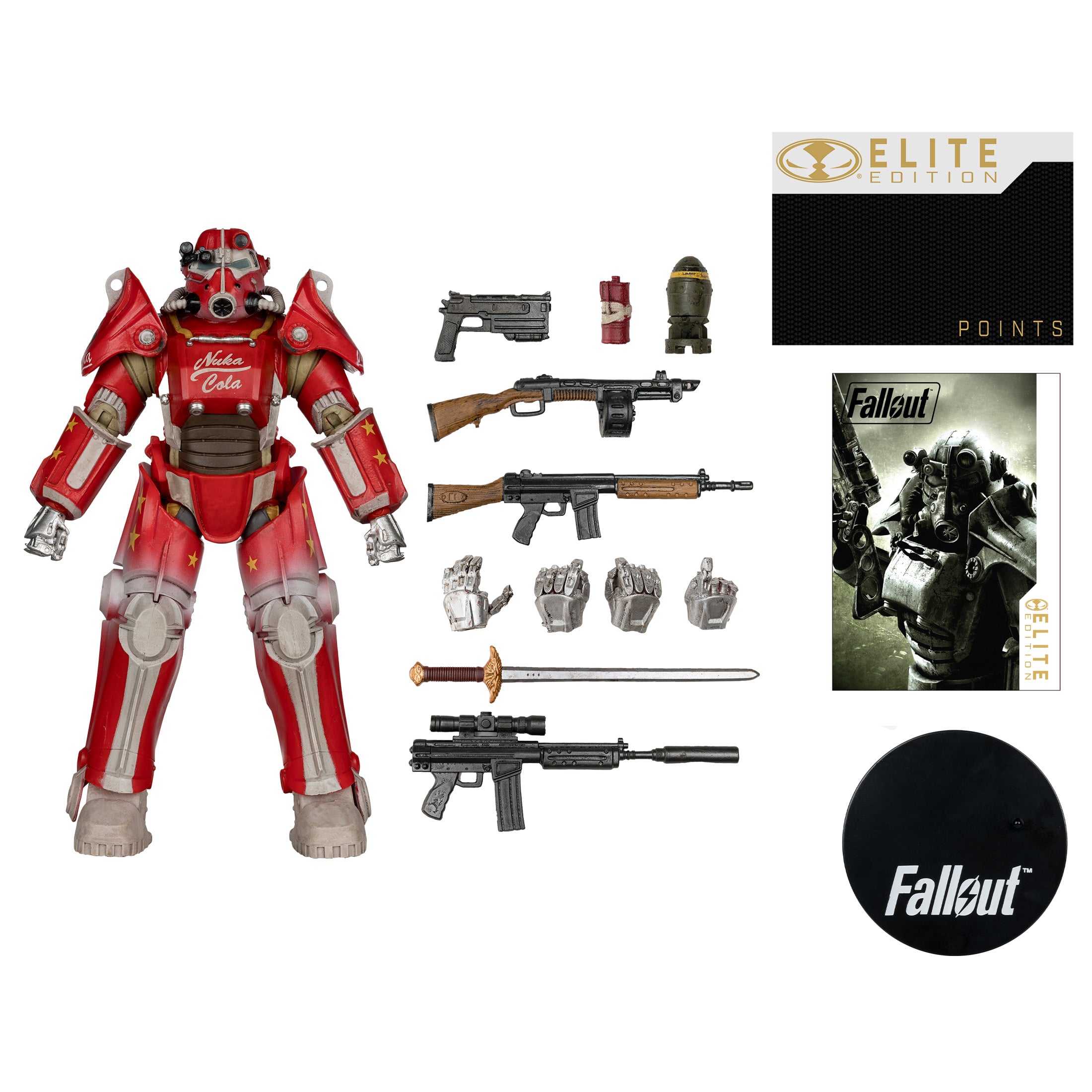 T-45B Nuka Cola Fallout Elite Edition 7-Inch Figure — Accessories Included Flat Lay with Elite Points Card