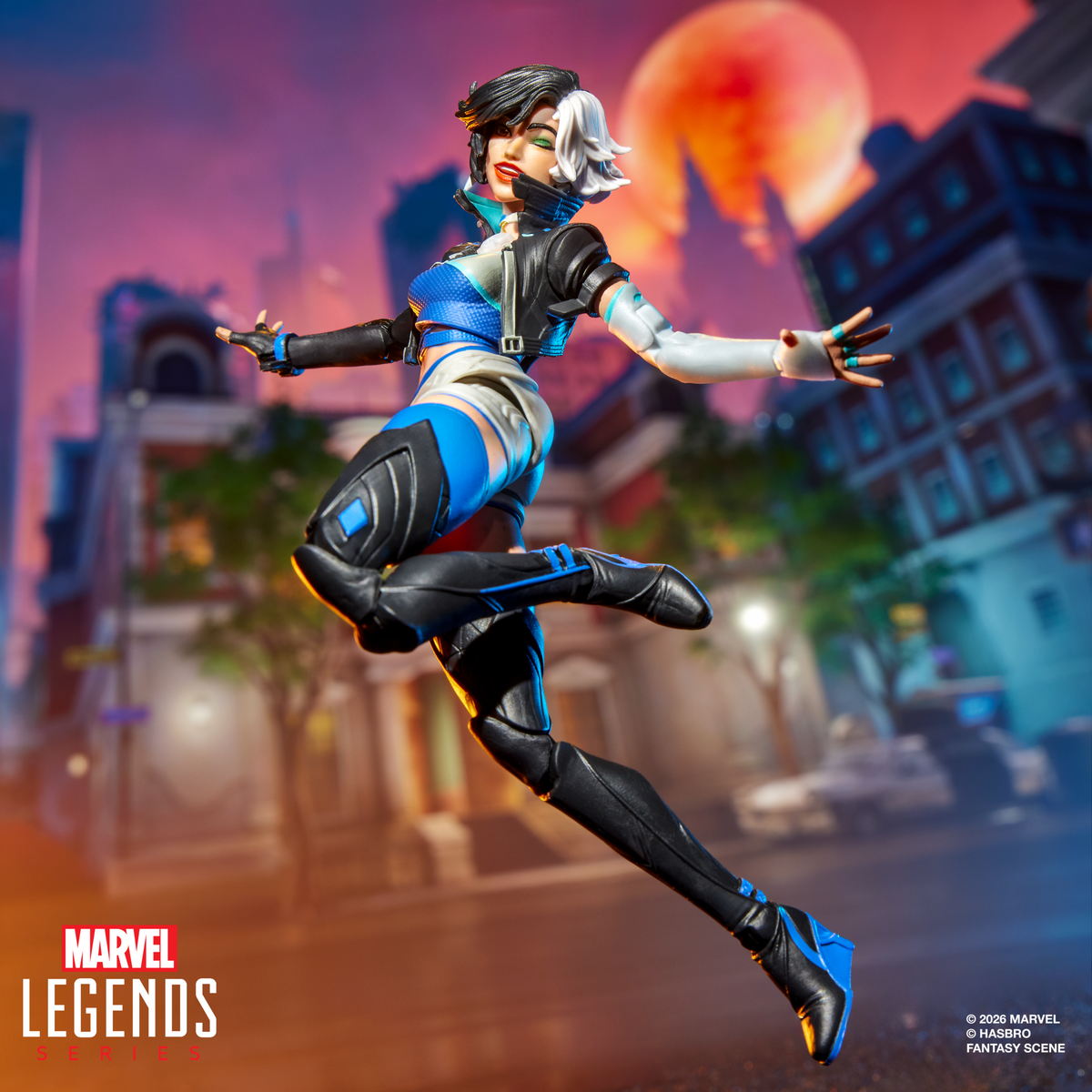 Luna Snow Marvel Rivals Marvel Legends 6-Inch — Articulation Pose with Dynamic Leaping Stance Against City Backdrop