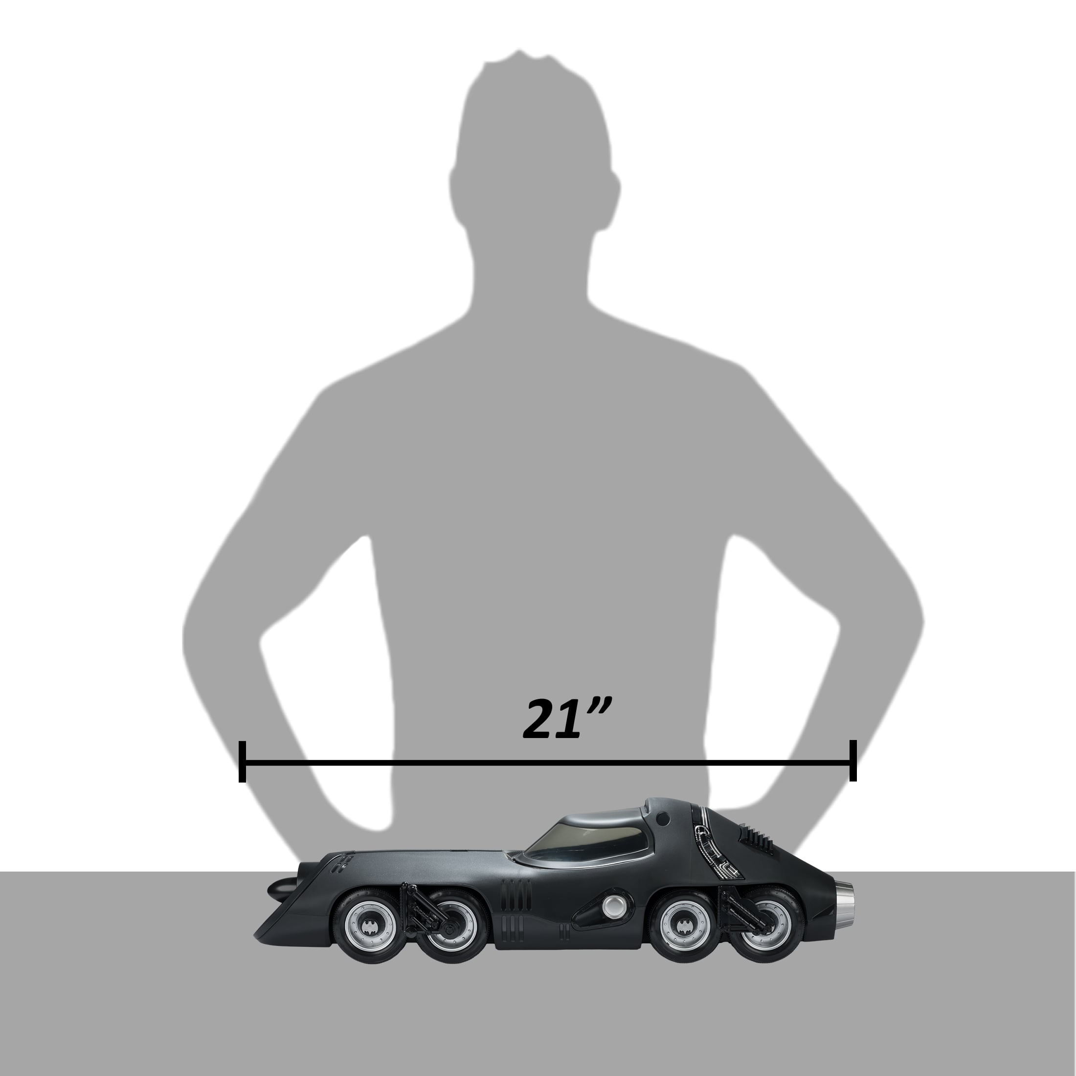 Batmissile Batman Returns DC Multiverse Vehicle — Size Reference showing 21-inch length against human silhouette