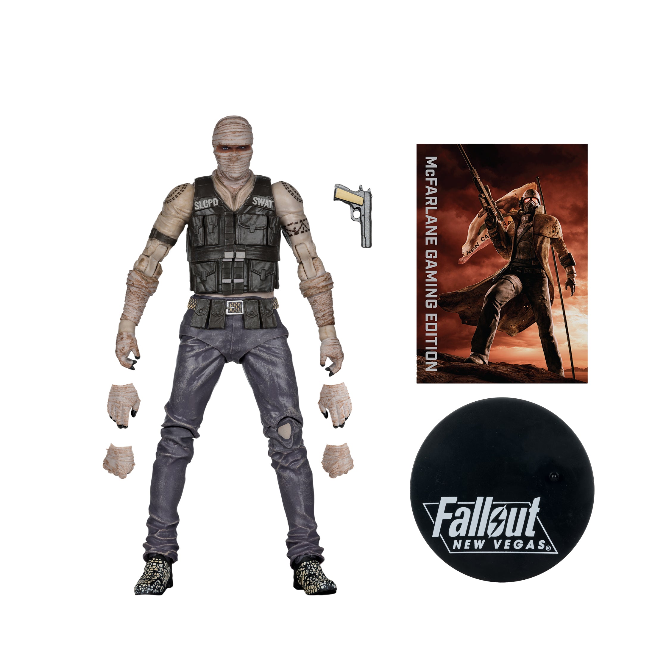 Joshua Graham Fallout New Vegas McFarlane Gaming Edition 7-Inch Figure — Accessories Included Display Showing Figure, Hands, Pistol, Art Card and Base