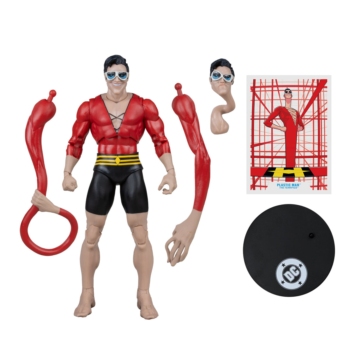 Plastic Man DC Multiverse 7-Inch Figure — Accessories Included Showing Elongated Arm, Alternate Head, Stretching Hand, Art Card, and Base