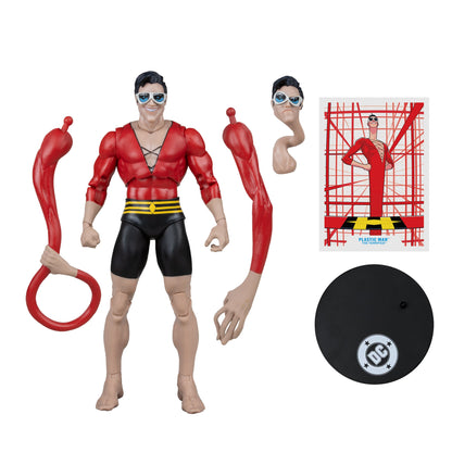Plastic Man DC Multiverse 7-Inch Figure — Accessories Included Showing Elongated Arm, Alternate Head, Stretching Hand, Art Card, and Base