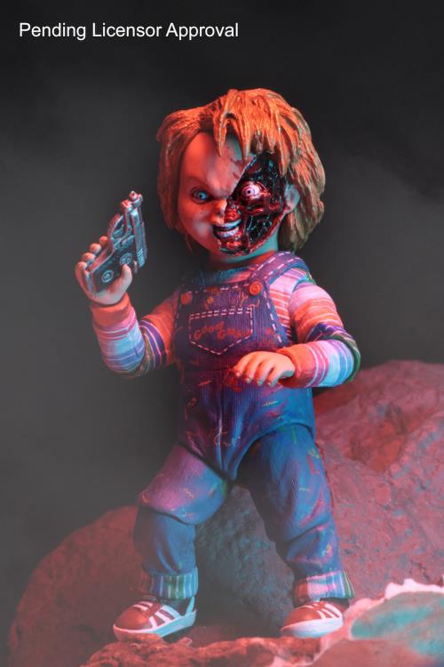 Chucky Child's Play Ultimate 4-Inch Figure — Half-Destroyed Head Sculpt Holding Pistol Atmospheric Pose