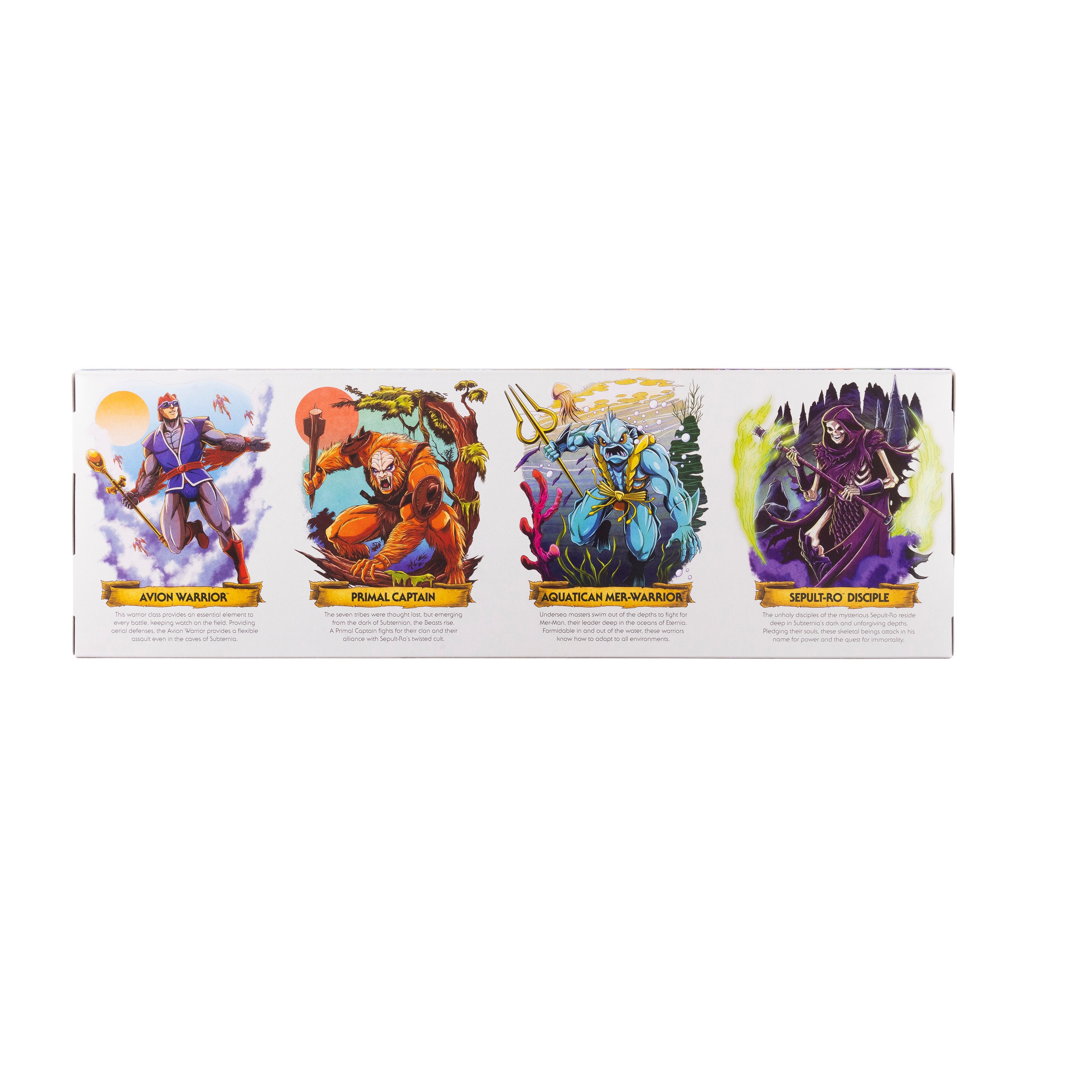 Battle for Sub-Eternia Four-Pack Masters of the Universe Origins 5.5-Inch — Box Art Close-Up Featuring Avion Warrior, Primal Captain, Aquatican Mer-Warrior, and Sepult-Ro Disciple