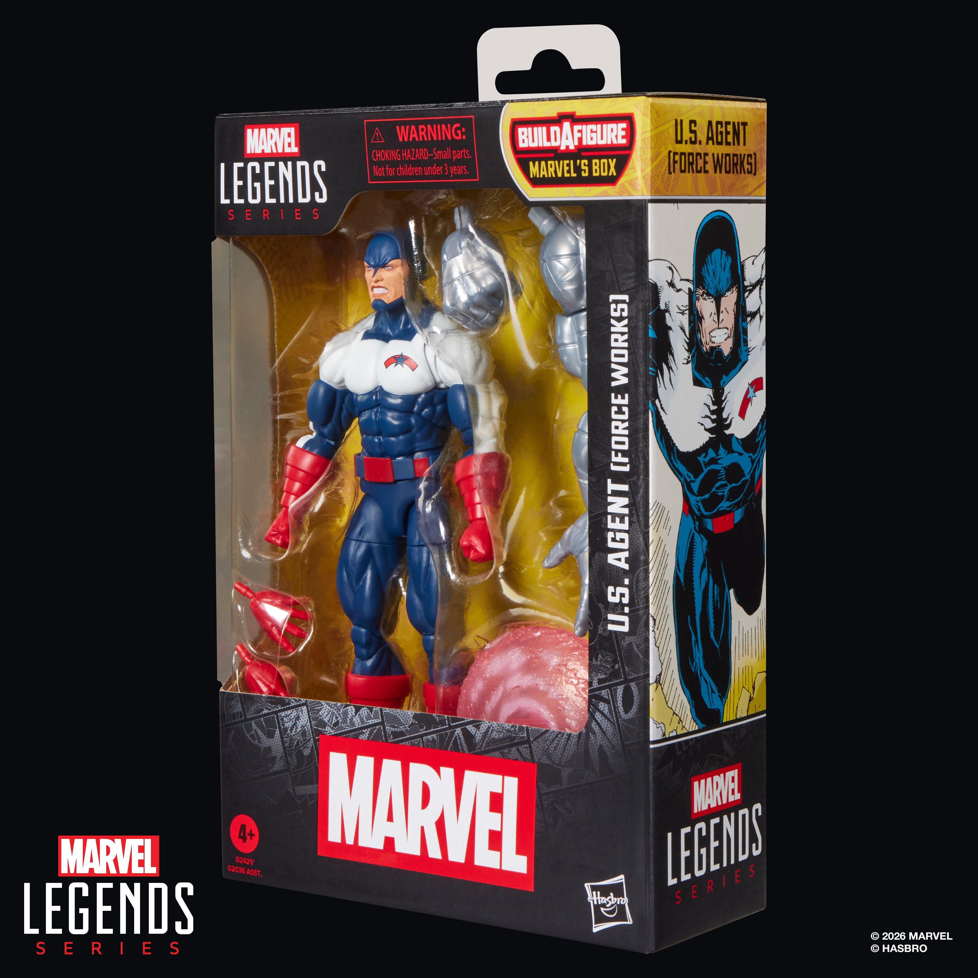 U.S. Agent (Force Works) Marvel Legends 6-Inch — Side View with Box Art Close-Up