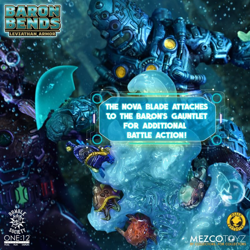 Baron Bends (Leviathan Armor) Rumble Society One:12 Collective 6-Inch — Nova Blade Gauntlet Feature Detail with Aquaticons in Underwater Scene
