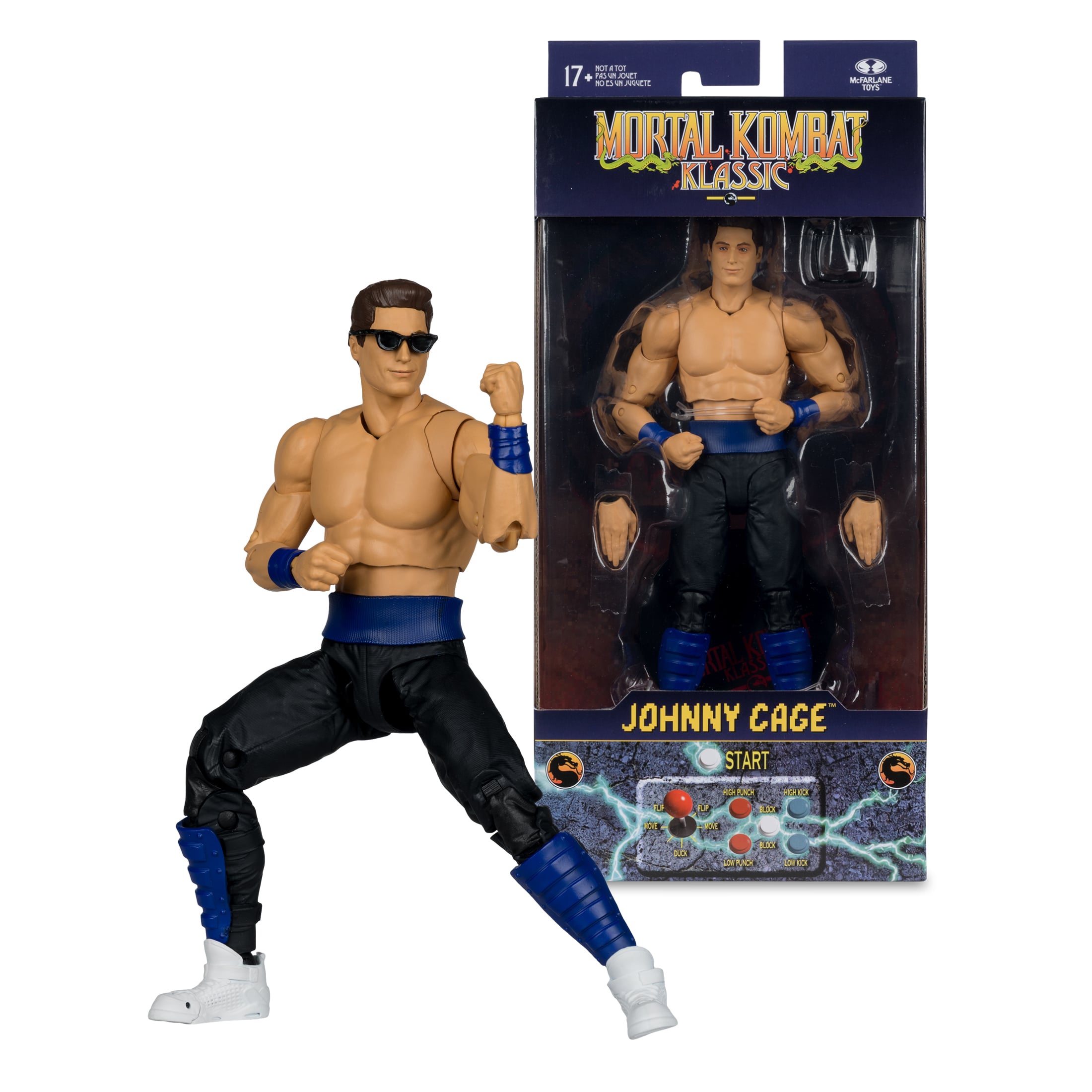 Johnny Cage Mortal Kombat Klassic 7-Inch Figure — Package Front Showing Figure Beside Sealed Box with Arcade Button Art