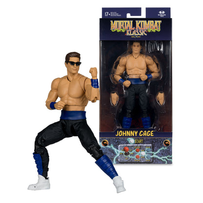 Johnny Cage Mortal Kombat Klassic 7-Inch Figure — Package Front Showing Figure Beside Sealed Box with Arcade Button Art
