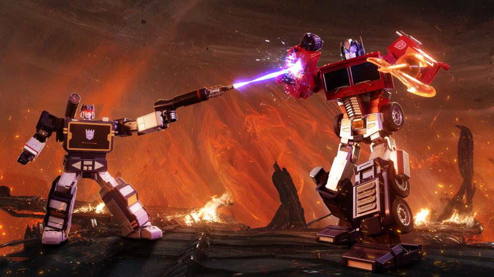 Soundwave Robosen Flagship Series — Firing Blaster at Optimus Prime Battle Scene