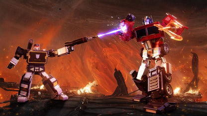 Soundwave Robosen Flagship Series — Firing Blaster at Optimus Prime Battle Scene
