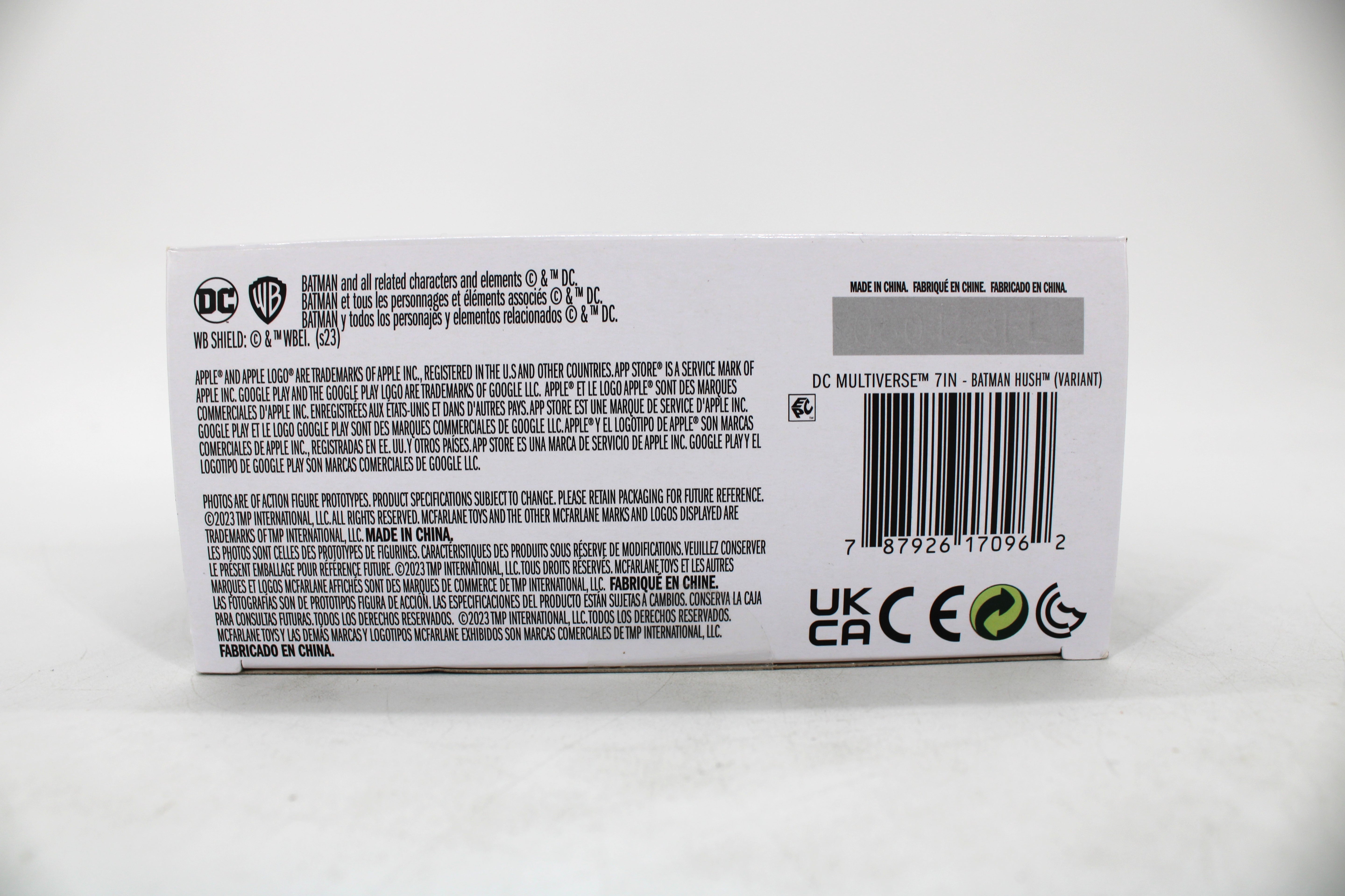 Batman Hush DC Multiverse 7-Inch Action Figure McFarlane Toys — Package Detail with Barcode and Legal Text