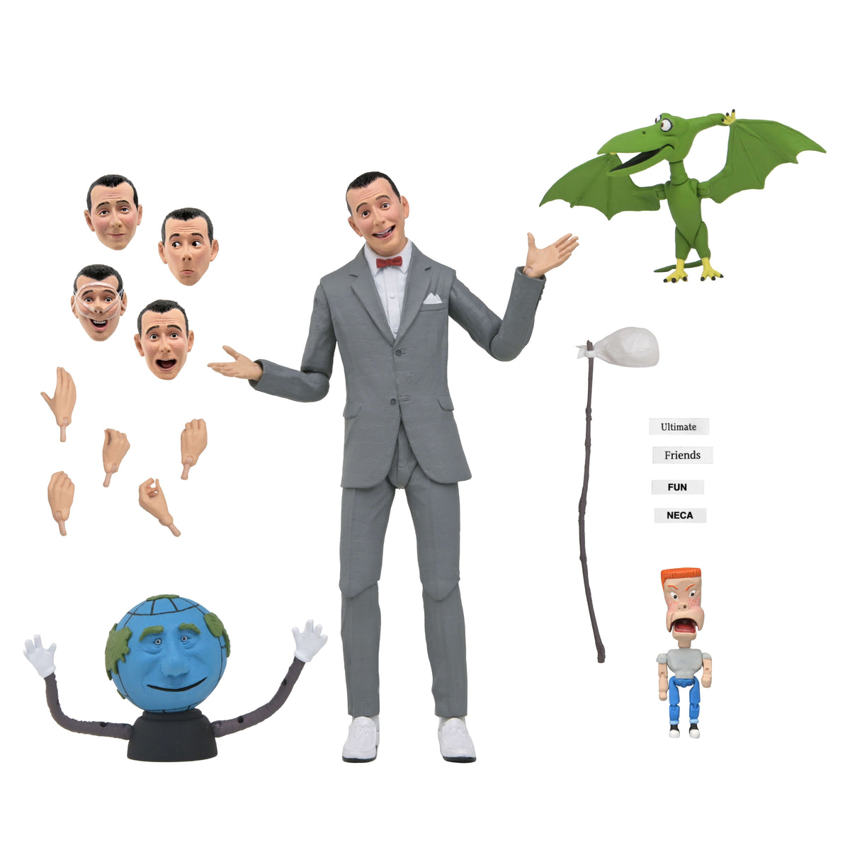 Pee-Wee Herman NECA Ultimate 7-Inch Figure — Accessories Included Flat Lay with All 4 Heads 5 Hands Bindle Secret Word Cards Randy Globey Pterri
