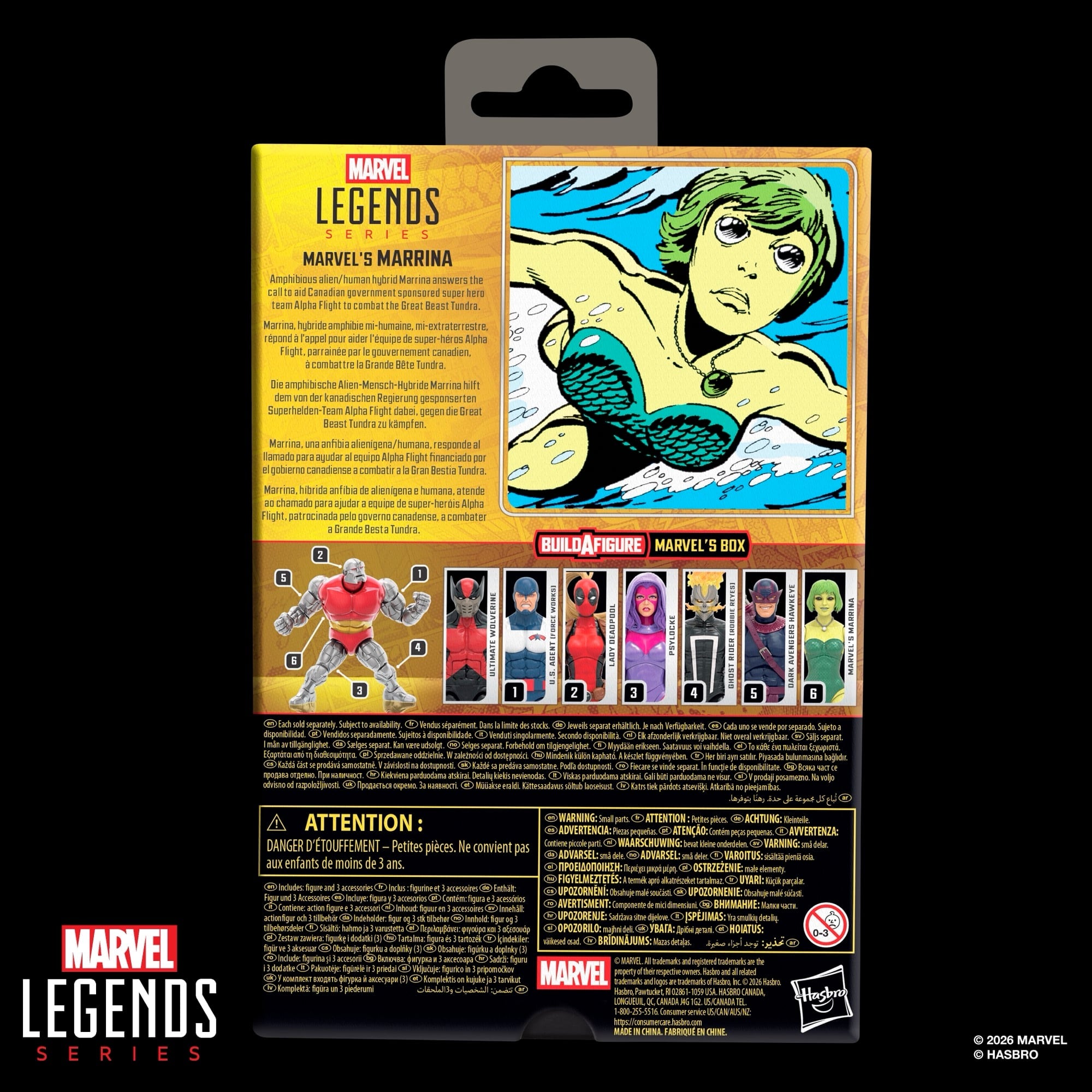 Marrina Marvel Legends 6-Inch Figure — Package Back with Wave Lineup and Comic Art