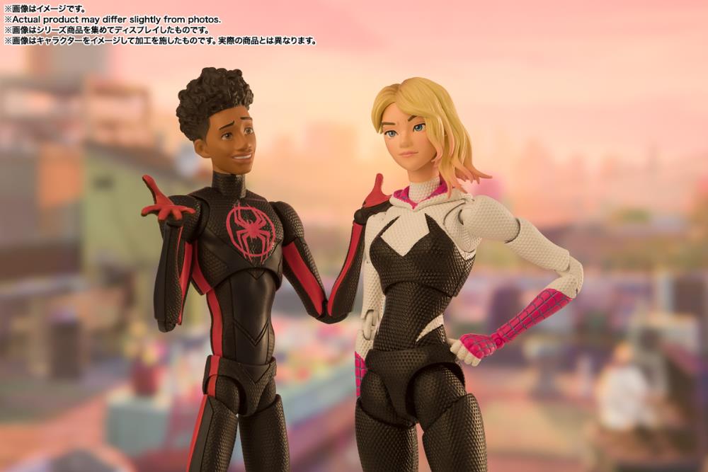 Spider-Gwen and Miles Morales S.H.Figuarts Across the Spider-Verse Figures — Unmasked Display Pose