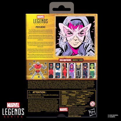 Psylocke X-Men Marvel Legends 6-Inch — Package Detail with Psylocke Comic Art and Marvel's Box BAF Lineup on Back