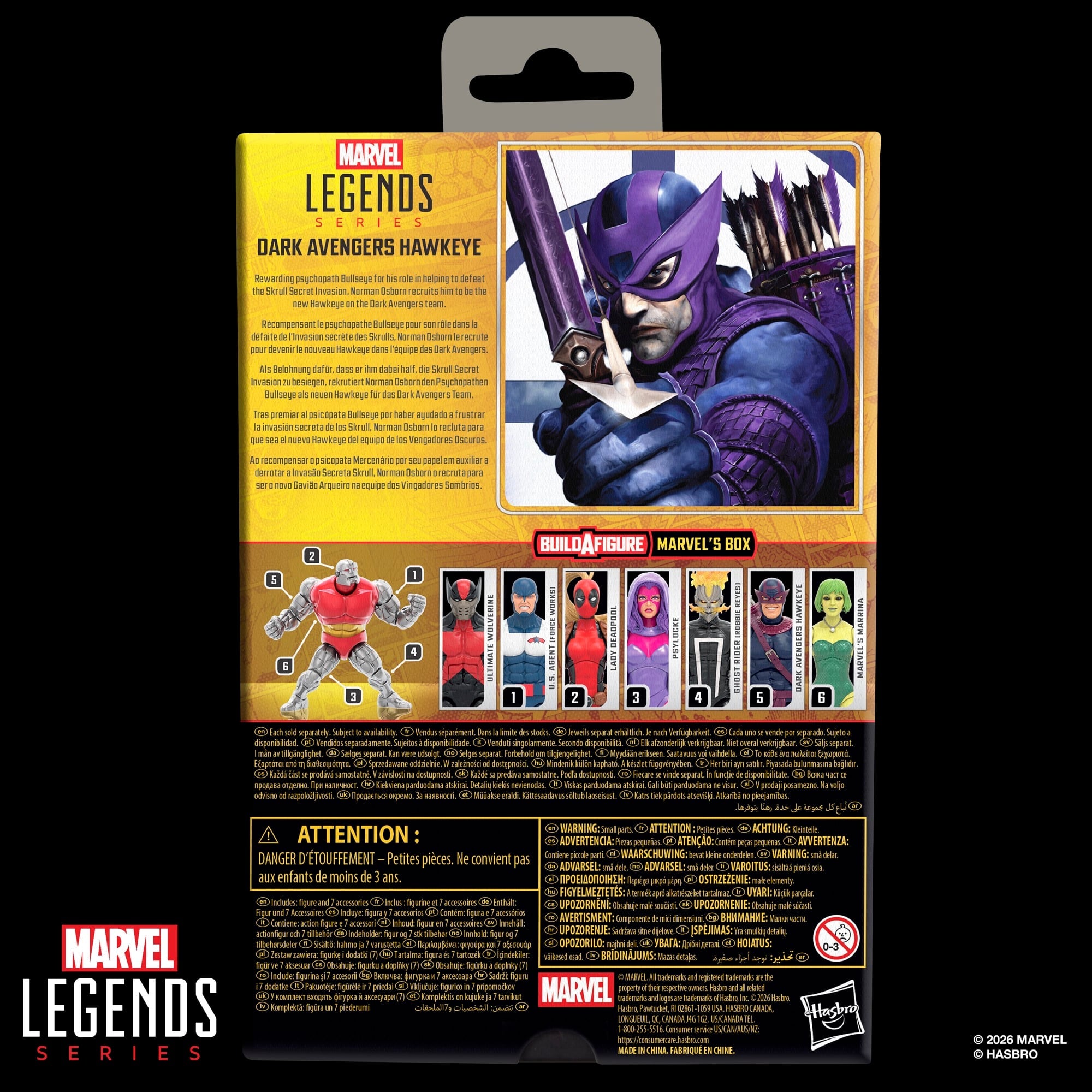 Dark Avengers Hawkeye Marvel Legends 6-Inch Figure — Box Back View Showing BAF Lineup and Wave Details