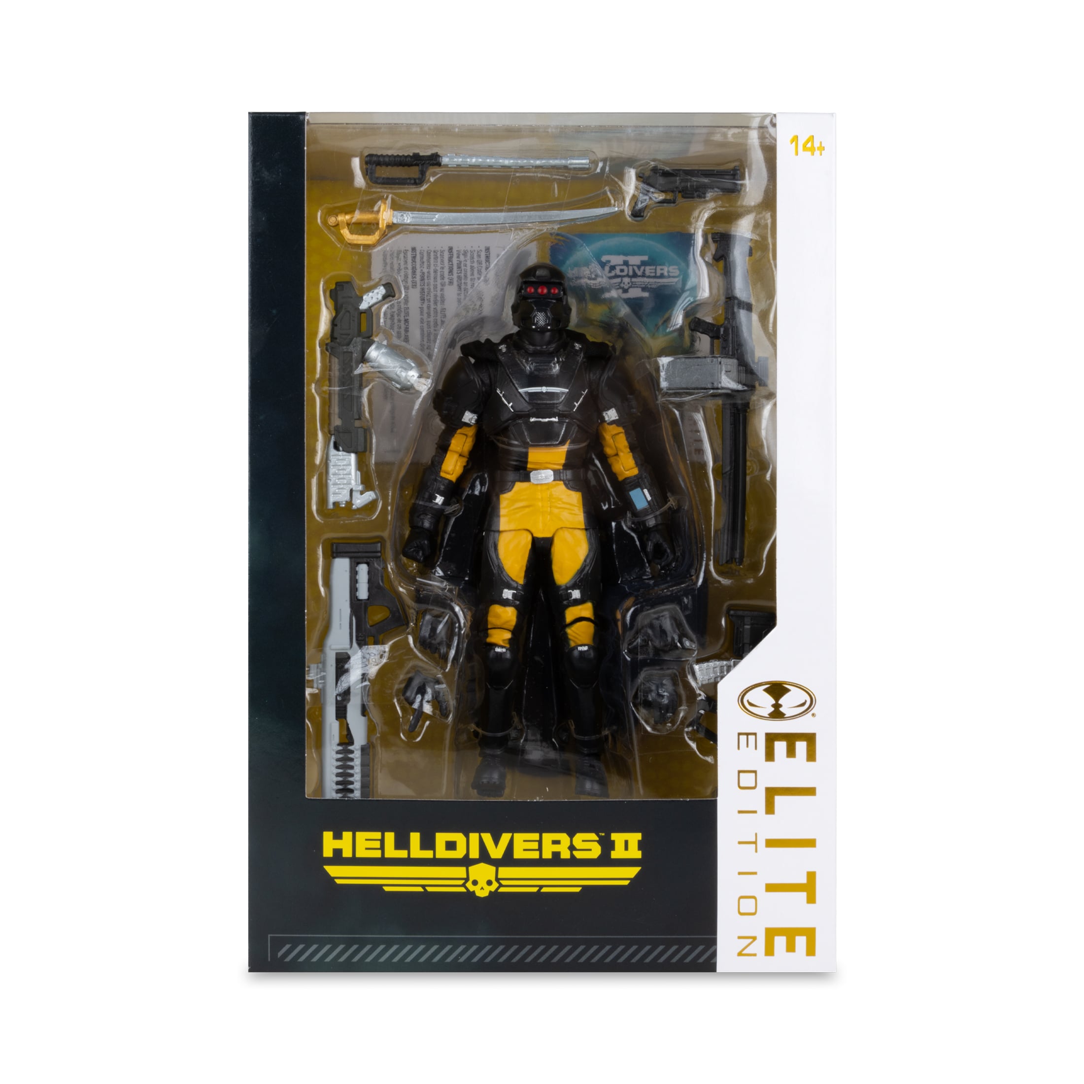 SA-04 Combat Technician Helldivers 2 Elite Edition 7-Inch Figure — Box Front Sealed Package with Full Weapon Layout Visible