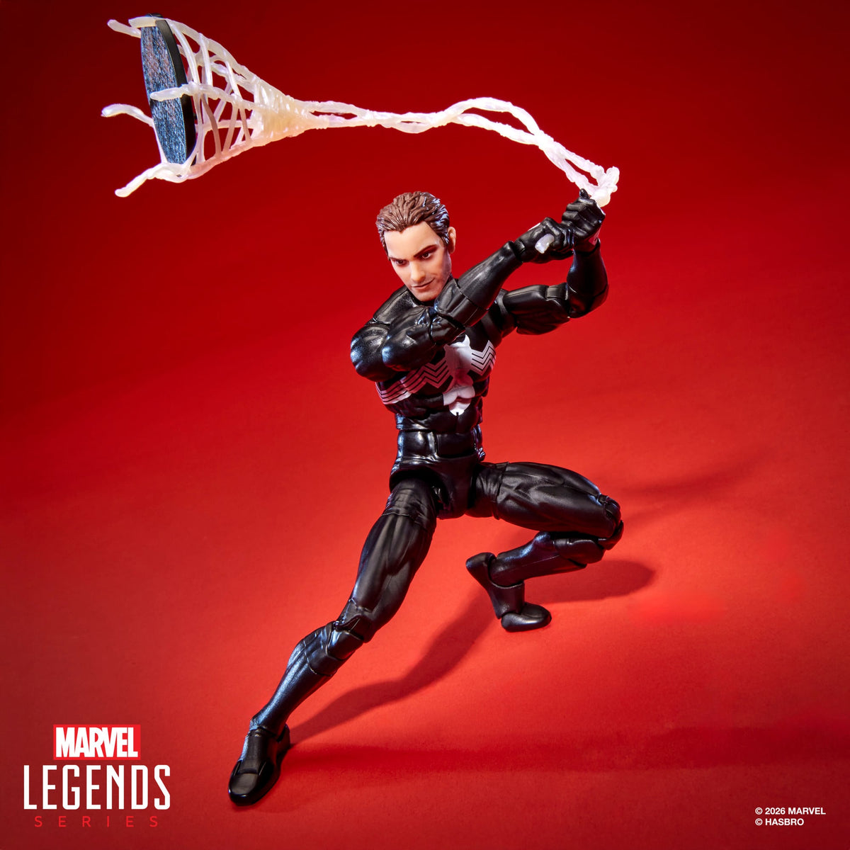 Symbiote Spider-Man Marvel Legends Maximum 6-Inch Figure — Peter Parker Unmasked Throwing Manhole Cover with Web Line