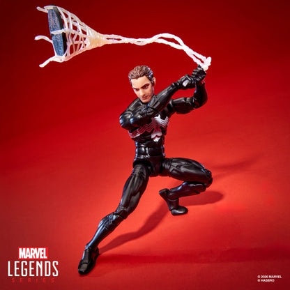Symbiote Spider-Man Marvel Legends Maximum 6-Inch Figure — Peter Parker Unmasked Throwing Manhole Cover with Web Line