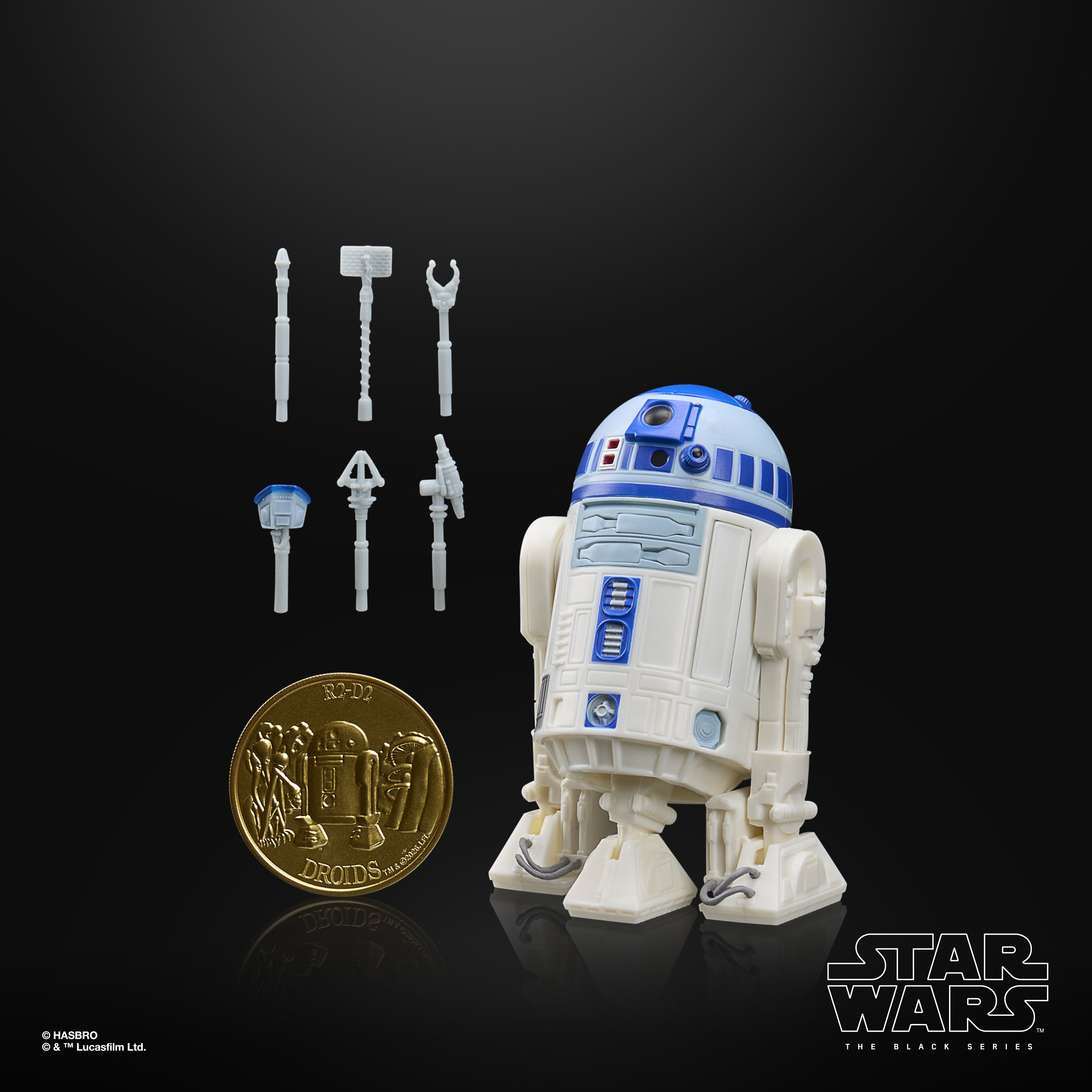 R2-D2 Droids Black Series 6-Inch Figure — Contents Display Alternate Angle with Coin and Tools