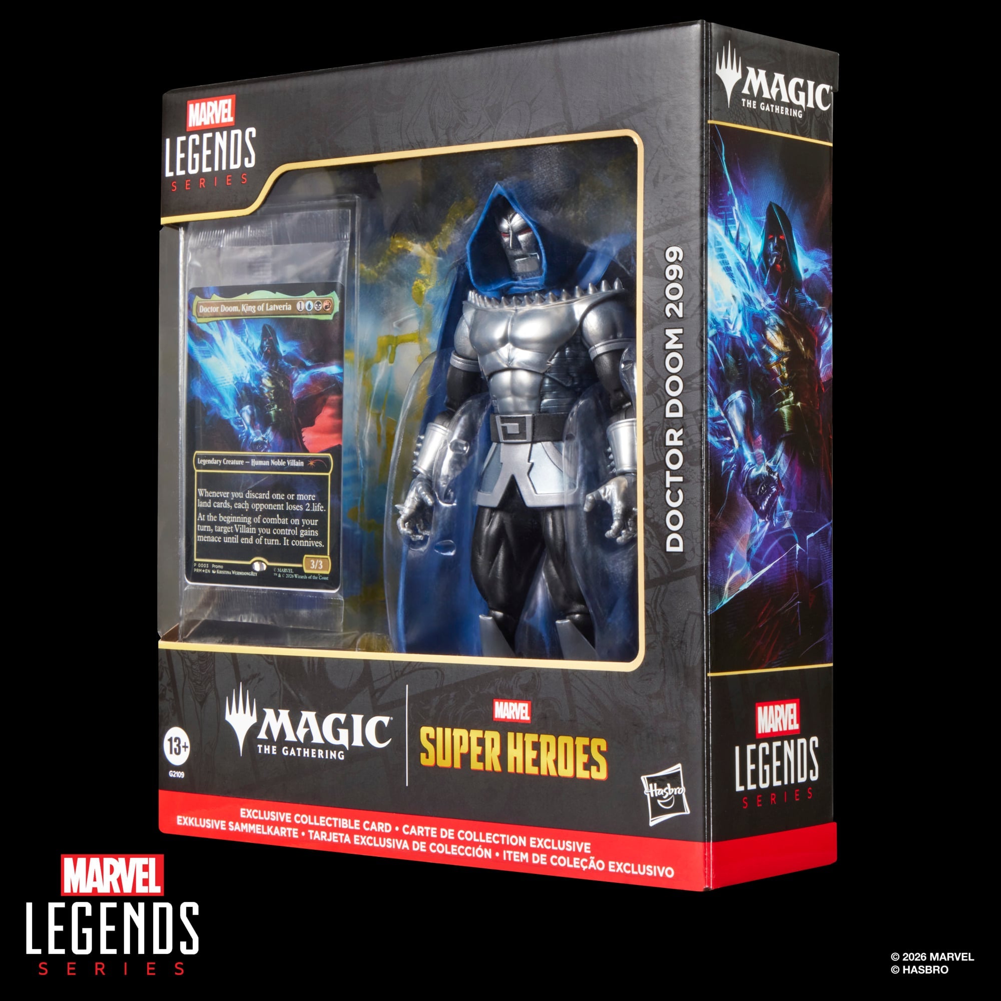 Doctor Doom 2099 Marvel Legends 6-Inch Figure — Box Side Angle with MTG Card Visible
