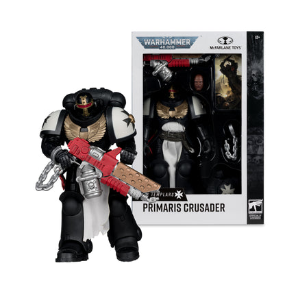 Primaris Crusader Warhammer 40,000 Black Templars 7-Inch Action Figure — Figure Displayed Out of Box Beside Package Front
