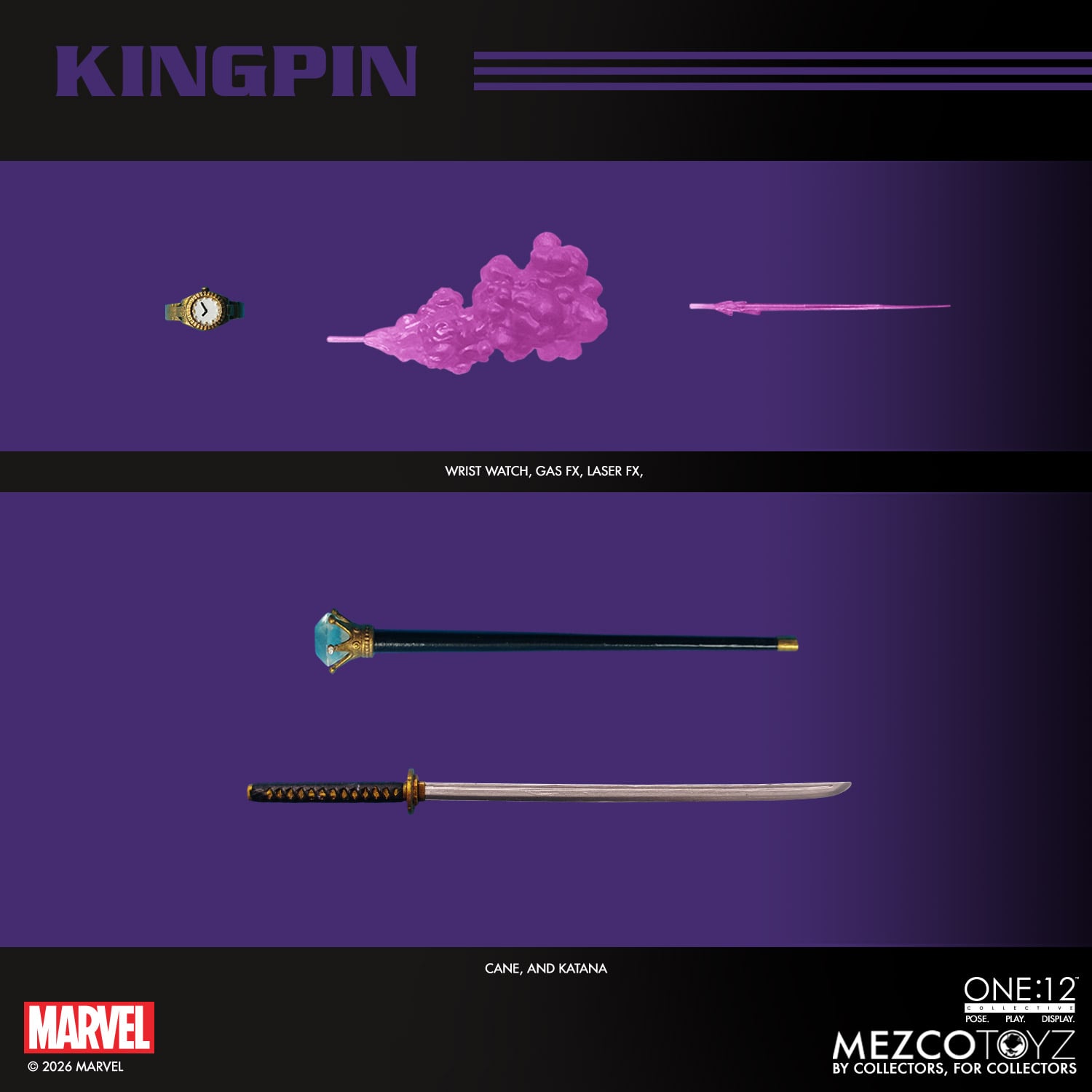 Kingpin Marvel One:12 Collective 6-Inch Figure — Accessories Close-Up Cane Katana Watch Gas FX Laser FX