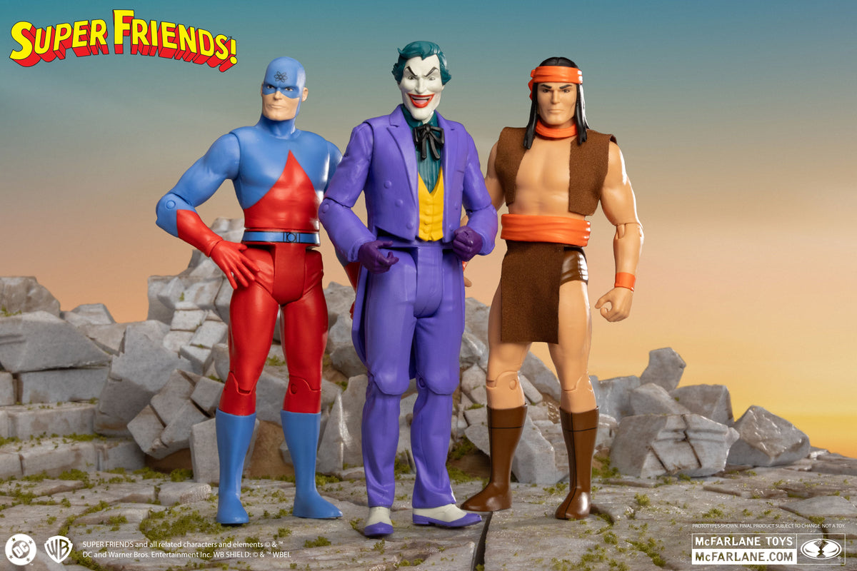 Joker DC Retro Super Friends 6-Inch Figure — Line-Up Display with Atom and Apache Chief Figures