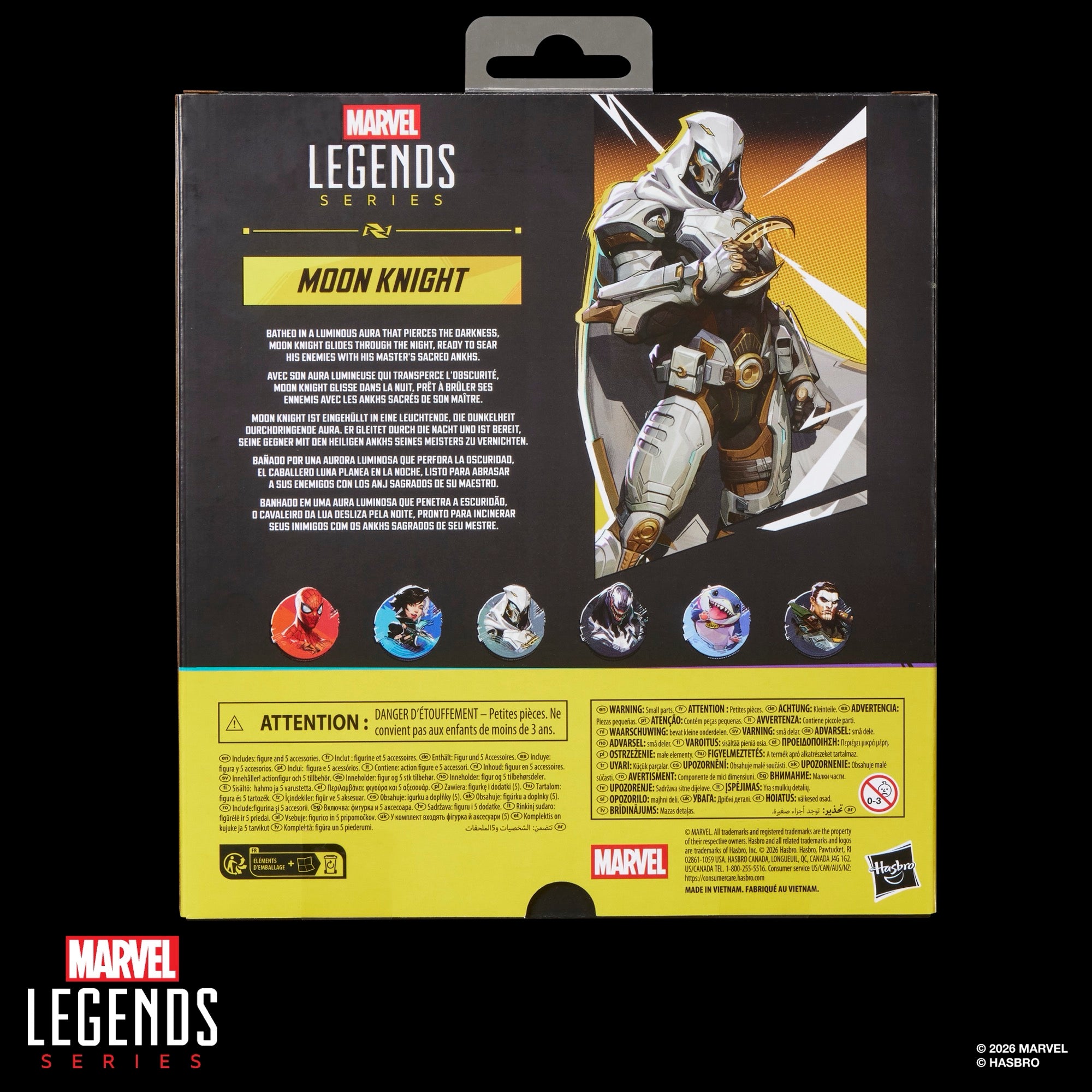 Moon Knight Marvel Legends 6-Inch Figure — Package Back View with Multilingual Details