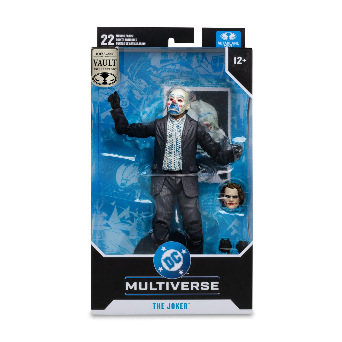 The Joker DC Multiverse McFarlane Vault Collection 7-Inch Figure — Package Front View with Clown Mask On and Alternate Head Shown