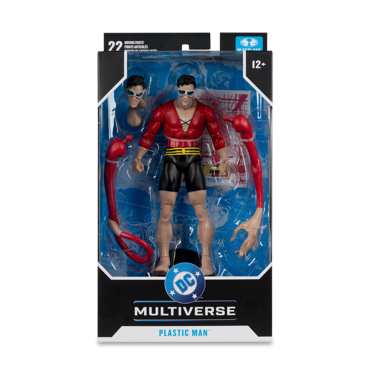 Plastic Man DC Multiverse 7-Inch Figure — Package Front Showing All Contents in Tray