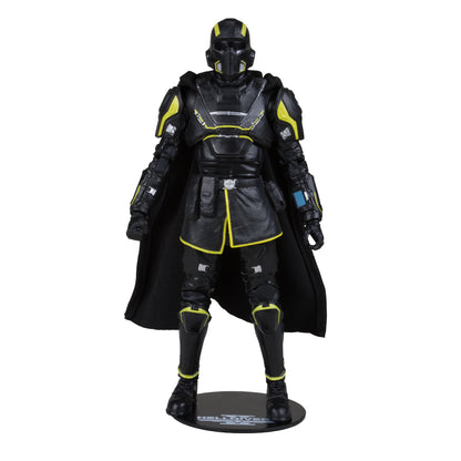 B-01 Tactical Helldiver Helldivers 2 McFarlane Elite Edition 7 Inch — Front View on Display Stand with Cape and Yellow Trim Detail