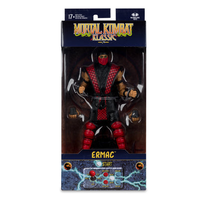 Ermac Mortal Kombat Klassic 7-Inch Figure — Box Art Close-Up front of sealed window box with Ermac nameplate and arcade controls graphic