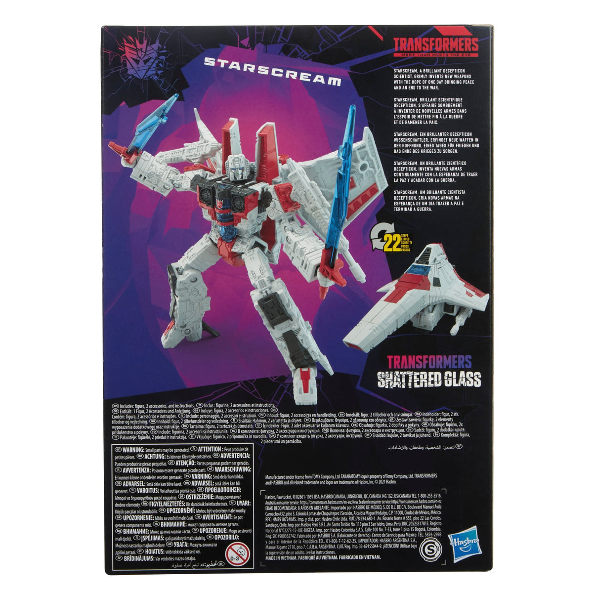 Starscream Shattered Glass Voyager 7-Inch Figure — Box Back with Character Bio and Transformation Steps