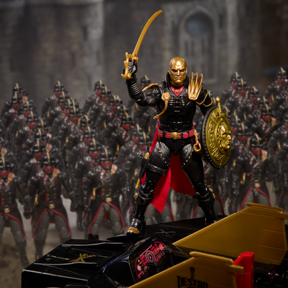 Destro G.I. Joe Classified Series 6-Inch — Articulation Pose Atop Despoiler Vehicle with Iron Grenadiers Army in Background